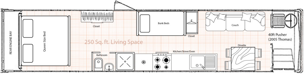 Example of a 40ft rear engine diesel pusher skoolie floor plan