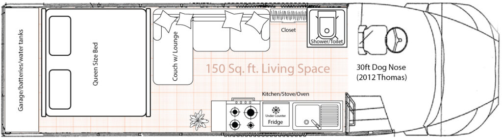 Example of a 30ft Thomas C2 Dog Nose skoolie floor plan