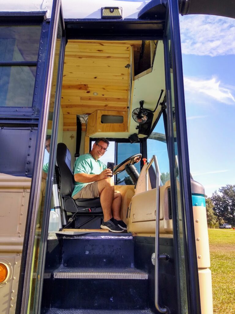 Over the cab storage in our Skoolie