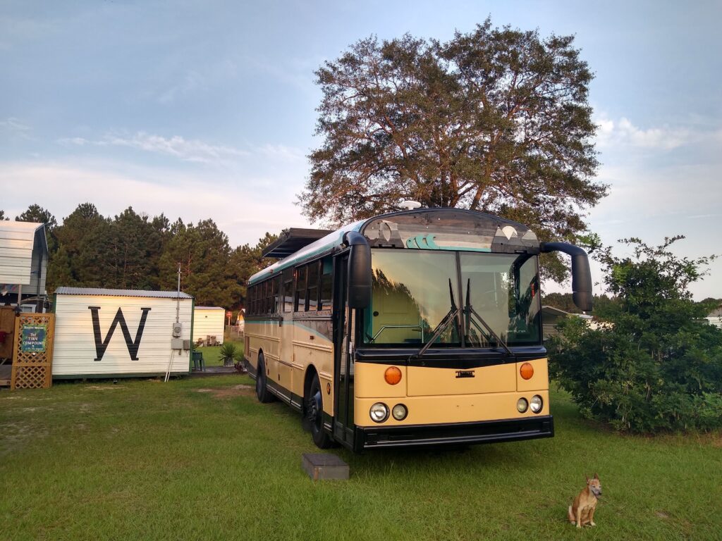 our skoolie parked at a friends house